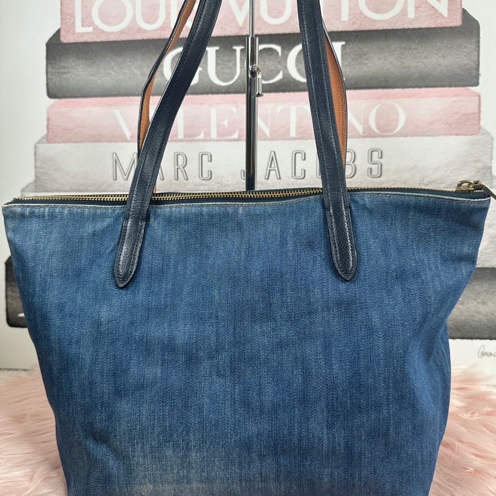 Coach Blue Denim Tote with Navy Leather Trim and Gold Hardware - Picture 3 of 16